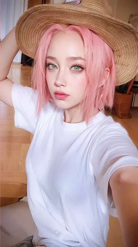 young woman, light skin, wide forehead, short bubblegum pink hair, jade green eyes, buttoned nose, thick peach lips, slender body, white dress, Sakura Haruno, 3d, realism, hat