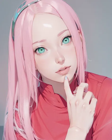 young woman, light skin, wide forehead, short bubblegum pink hair, jade green eyes, buttoned nose, thick peach lips, slender body, red dress, Sakura Haruno, 3d, realism