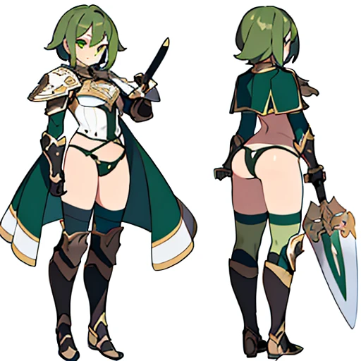 1girl, sword, holding sword, waist armor, ((thong)), undershirt, gloves, white background, full body, solo, gauntlets, multiple views, white cape, small shield, holding shield, ((dark green hair)), wavy hair, reference sheet, corset, armored dress, armor u...