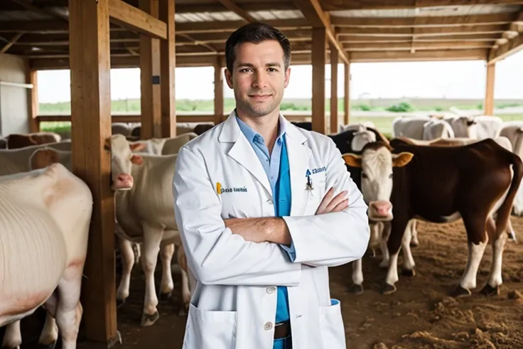 veterinarian in white lab coat standing in stable next to some cows