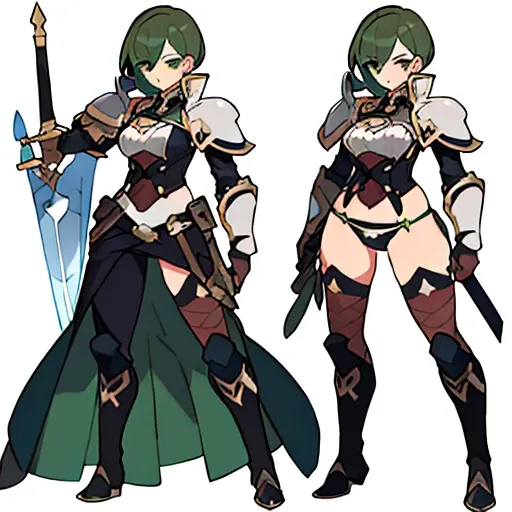 1girl, sword, holding sword, waist armor, ((thong)), undershirt, gloves, white background, full body, solo, gauntlets, multiple views, mall shield, holding shield, ((dark green hair)), wavy hair, reference sheet, corset, armored dress,