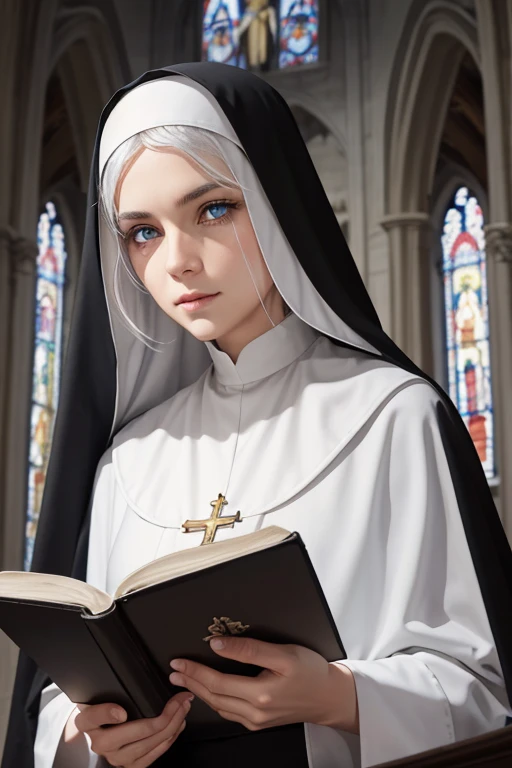 nun, cross, bible, white hair, church, realistic and detailed eyes