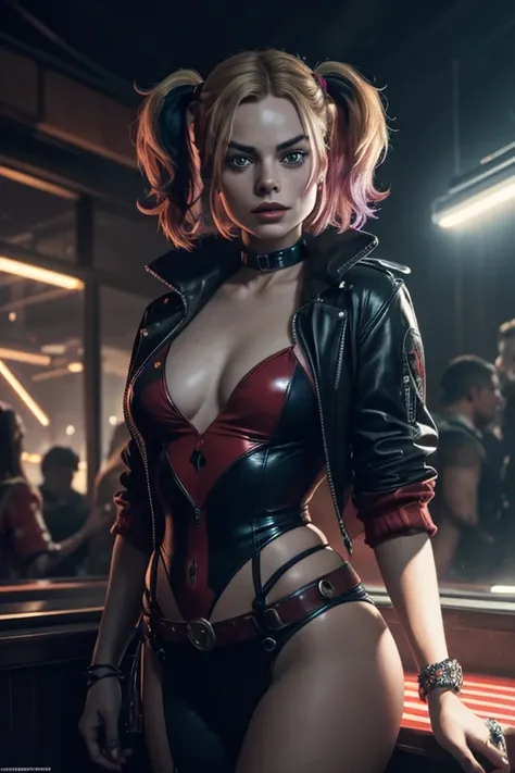 Portrait of Margot Robbie as clown at the crowdy party, wearing closed Black-Red clown suit, harley quinn style, her face is illuminated by neon lights, looks like harley quinn, violet color, he stands, model shooting style (extremely detailed CG unity 8k ...