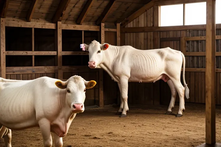 A veterinarian in a white lab coat standing in the stable next to some cows, [detailed appearance of the veterinarian], [calm and confident expression], [holding a stethoscope], [veterinary tools and equipment nearby], [clean and well-maintained stable], [...