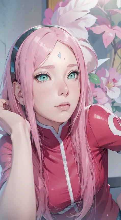 young woman, light skin, wide forehead, short bubblegum pink hair, jade green eyes, buttoned nose, thick peach lips, slender body, black clothes, Sakura Haruno, 3d, realism