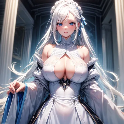 Excellent, masterpiece, white hair, blue eyes, white clothes, upper body, hair, fair skin, side braids, best quality, huge breasts,