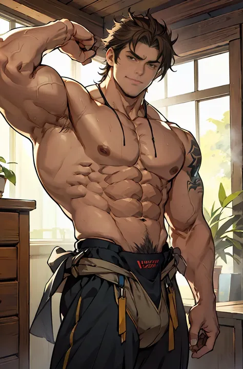 show off thick arms to the audience，Side Body，Sense of evil，Sharp eyes，Thick dark brown hair on crotch，Upper body clothes，closeup of arms，The protagonist enthusiastically hugged a thinner and shorter peer around his waist. The peer looked full of enjoyment...