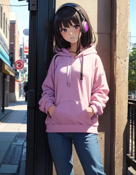 masutepiece, Best Quality, {Best Quality}, {{masutepiece}}, {hight resolution}, Illustration, 1girl in, Inoue Takina, bob katan, Black hair, (Purple eyes:1.2), blush, blue baggy hoodie，The hood is placed over the new era.、baggy jeans，High-cut sneakers，I ha...