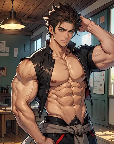 show off thick arms to the audience，Side Body，Sense of evil，Sharp eyes，Thick dark brown hair on crotch，Upper body clothes，closeup of arms，The protagonist enthusiastically hugged a thinner and shorter peer around his waist. The peer looked full of enjoyment...