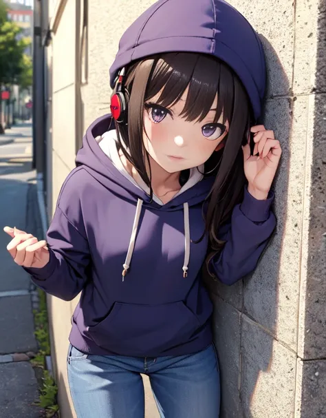 masutepiece, Best Quality, {Best Quality}, {{masutepiece}}, {hight resolution}, Illustration, 1girl in, Inoue Takina, bob katan, Black hair, (Purple eyes:1.2), blush, blue baggy hoodie，wearing a hood over a hat、baggy jeans，High-cut sneakers，I have headphon...