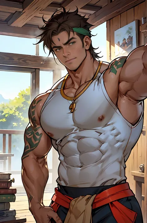 show off thick arms to the audience，Side Body，Sense of evil，Sharp eyes，Thick dark brown hair on crotch，Upper body clothes，closeup of arms，The protagonist enthusiastically hugged a thinner and shorter peer around his waist. The peer looked full of enjoyment...