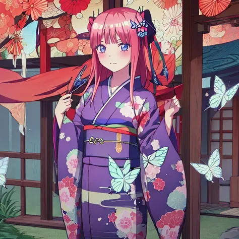 {Best Quality}, {very aesthetic}, {Ultra-detailed}, {Best Illustration}, one girls, japanese kimono, Kimono with butterfly pattern, Standing Girl