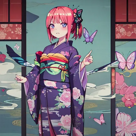 {Best Quality}, {very aesthetic}, {Ultra-detailed}, {Best Illustration}, one girls, japanese kimono, Kimono with butterfly pattern, Standing Girl