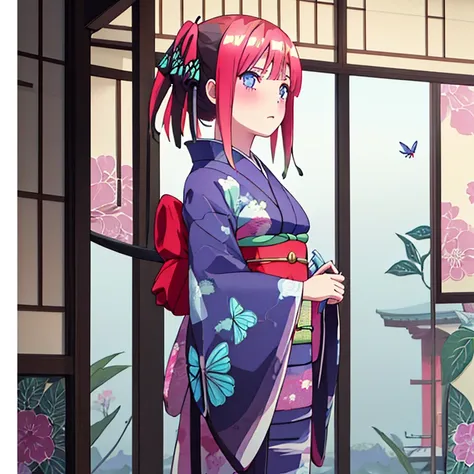 {Best Quality}, {very aesthetic}, {Ultra-detailed}, {Best Illustration}, one girls, japanese kimono, Kimono with butterfly pattern, Standing Girl