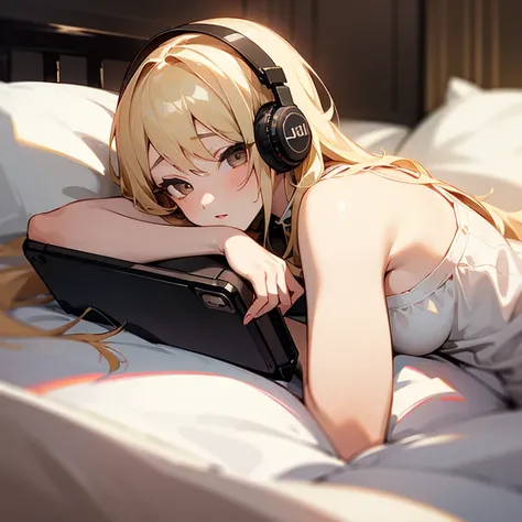 girl with a smartphone、Lying in bed、white headphones、A sexy、a blond、brown-eyed