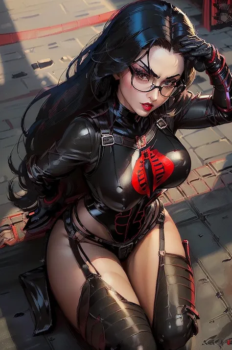 ((Squatting))((The baroness from G.I.joe animated series)) ((beautiful face)) (red lips) (glasses) ((very long black hairstyle)) ((very huge breasts) (perfect slim body) ((wears black tiny string black thong)) ((choker, cobra logo)) ((posing sexy on milita...