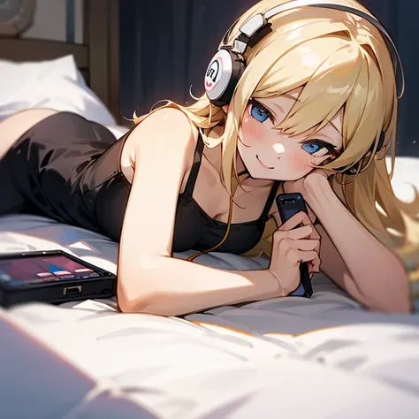 Smartphone、girl with、Lying in bed、white headphones、A sexy、a blond、a smile