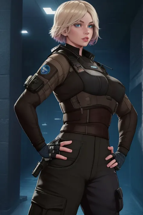 iana (rainbow six), masterpiece, best quality, 1girl, short hair, blue eyes, solo, blonde hair, looking back, from behind, looking at viewer, bodysuit, lips, hand on hip, gloves, pants, fingerless gloves, breasts, black pants