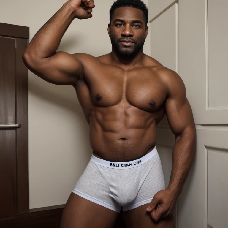 Handsome 40 year old black man, en boxer con bulto grande en la entrepierna. Se tiene que ver la cara.