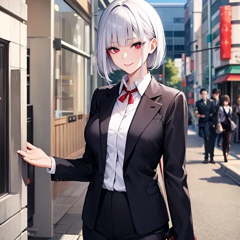 23 years old white lady, Japanese, silver short hair, red eyes, eyes are behind her forelock, calm smile and positive atmosphere , business suits , slender body, have a shoulder bag