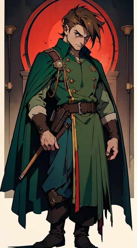 full body, dark green uniform, red-brown cloak, tattered clothes, gritty soldier, dirty, exhausted, noble, tired, victorious, anime, Art Deco, Gothic art, anime style, anatomically correct, masterpiece, high details, high quality, beautifully detailed eyes...