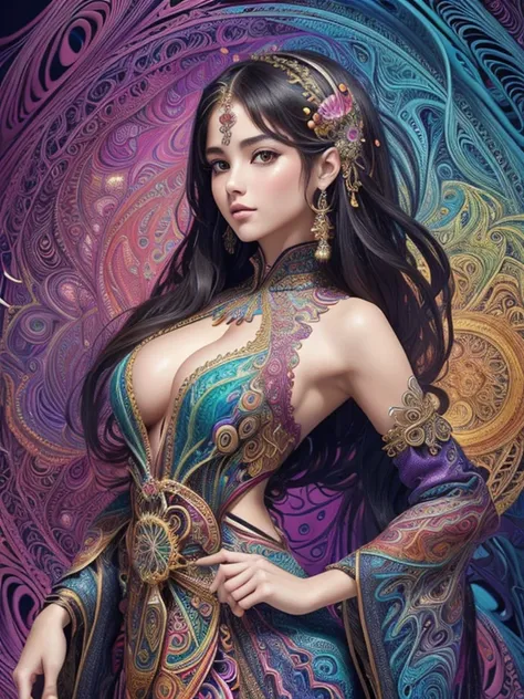 (masterpiece, top quality, best quality, official art, beautiful and aesthetic:1.2), (1girl:1.3), extremely detailed,(fractal art:1.2),colorful,highest detailed,(zentangle:1.2), (dynamic pose), (abstract background:1.5), (treditional dress:1.2), (shiny ski...