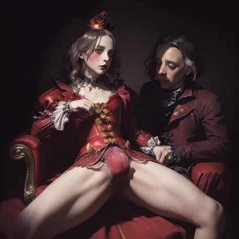 (red queen lewis carroll, depraved homosexual, crown, makeup, panties, male crotch bulge:1.5)