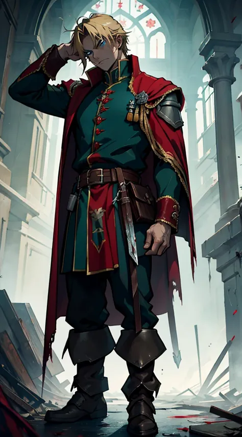 full body, dark green uniform, red-brown cloak, tattered clothes, bloodstained clothes, gritty soldier, dirty, exhausted, noble,...