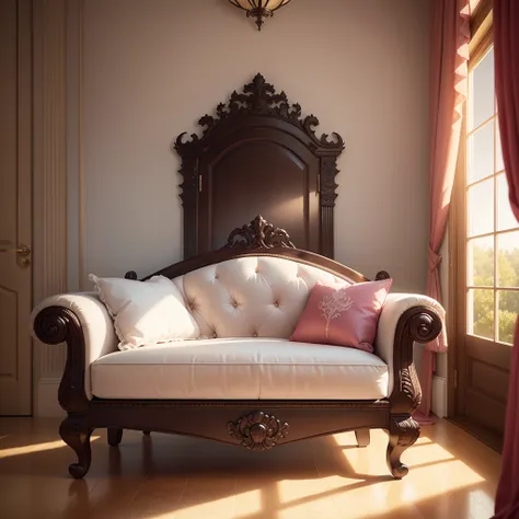 (masterpiece, best quality, CGI, official art: 1.4), (room with a pink sofa :1.3), brightly lit pink room, brightly lit purple room, inside your castle, exquisitely designed throne room, beautiful aesthetics, engine hyperreal; romantic theme, royal interio...