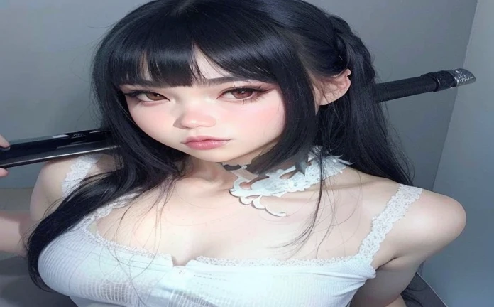 Theres a woman with a knife in her hand posing for a photo, preto hime corte cabelo, cruel korean goth girl, menina anime in real life, branco hime corte penteado, Ela tem cabelo preto com franja, menina anime , Ulzzang, 1 7 - year - old anime goth girl, c...