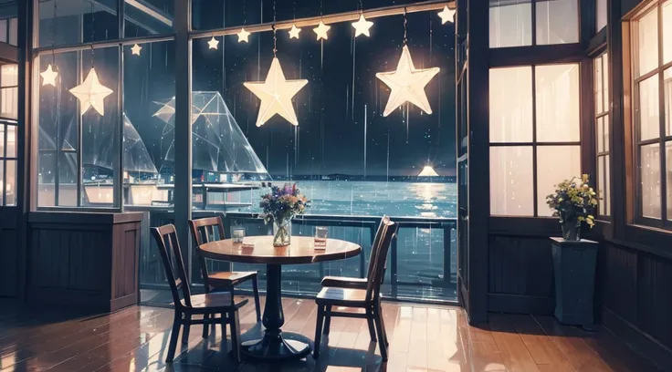 inside the seaside cafe, night time, rain outside the window, star shaped lighting