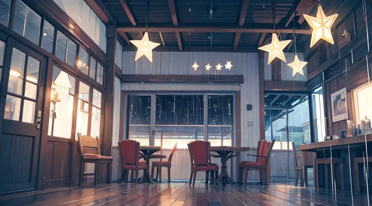 inside the seaside cafe, night time, rain outside the window, star shaped lighting