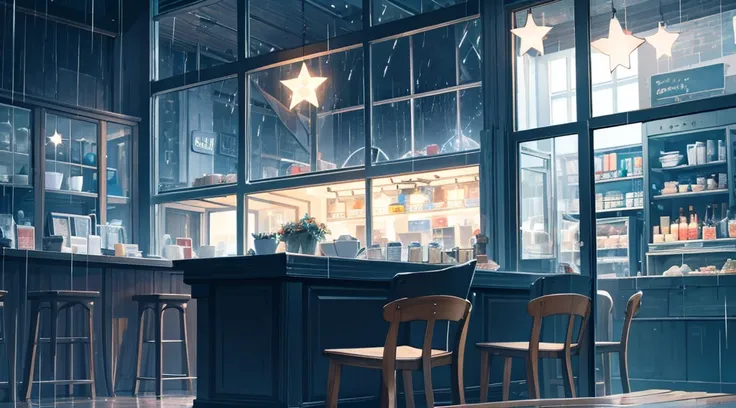 inside the seaside cafe, night time, rain outside the window, star shaped lighting