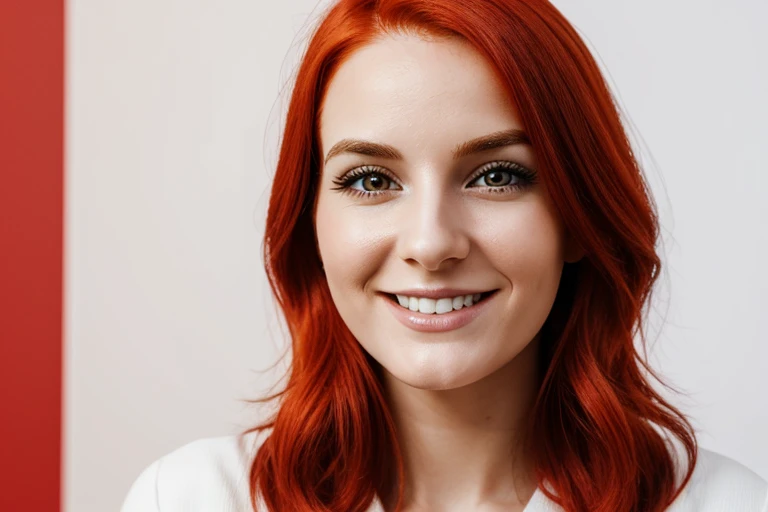 (best quality,ultra-detailed),portrait of a 30-year-old European woman in a cheerful mood, positioned sideways, with medium-length fiery red hair, against a white background, with vibrant colors and sharp focus