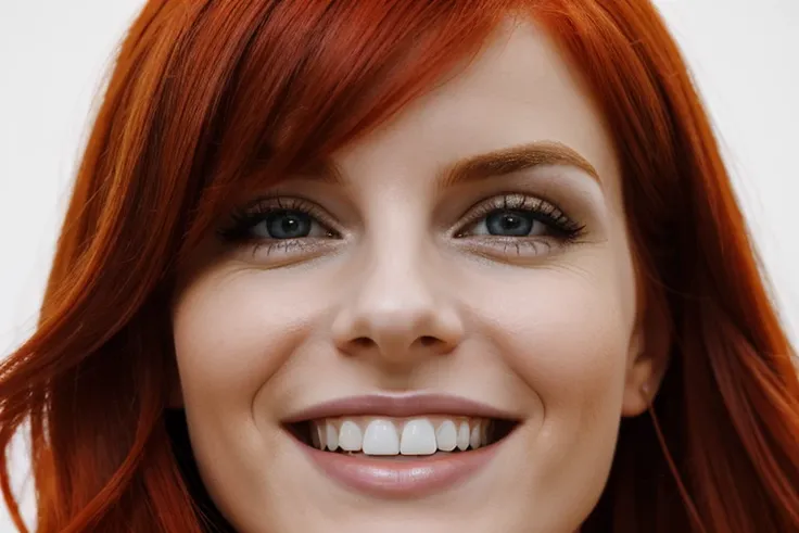 (best quality,ultra-detailed),portrait of a 30-year-old European woman in a cheerful mood, positioned sideways, with medium-length fiery red hair, against a white background, with vibrant colors and sharp focus