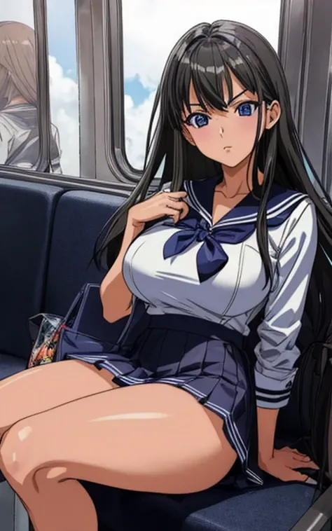 A beautiful woman with long black hair, big breasts, and beautiful legs is wearing a sailor uniform with a white miniskirt, boldly showing off her light blue and blue striped panties, and glaring at an elderly man in a suit on the train.。