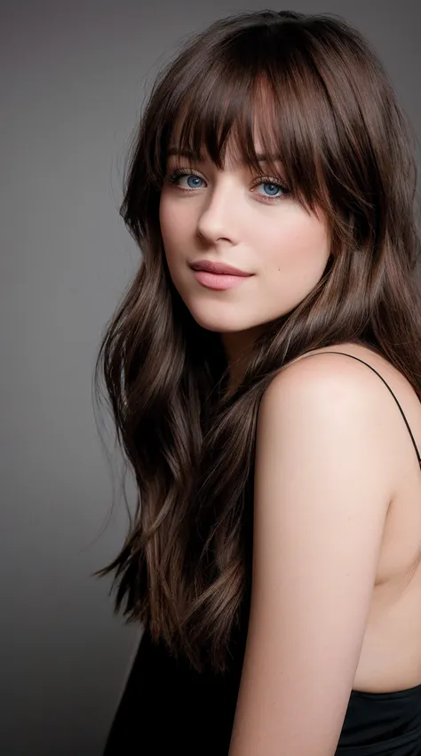 a realistic photo of a d4k0t4 woman, long hair, looking at viewer, blue eyeackground, brown hair, white background, closed mouth...