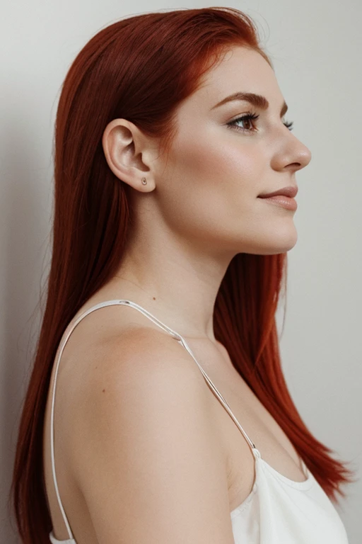 mulher europeia, 25 anos, profile position, alegre, background branco, medium red hair