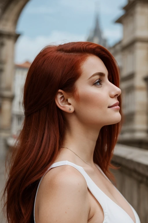 mulher europeia, 25 anos, profile position, alegre, background branco, medium red hair