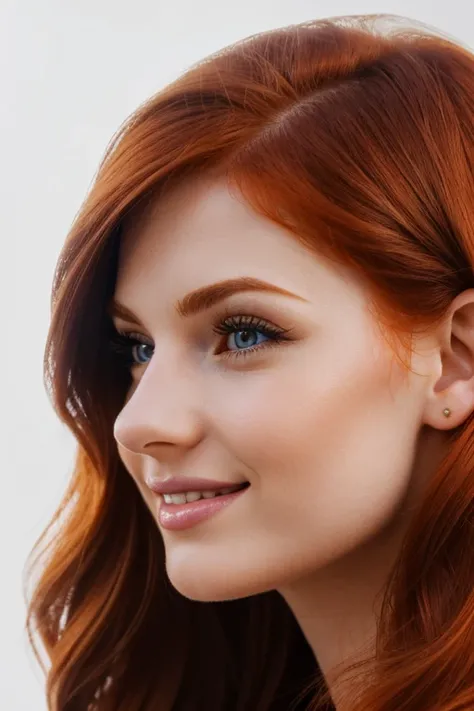 (best quality,ultra-detailed,realistic:1.37),(portrait,european woman),(beautiful detailed eyes,long eyelashes),(beautiful detailed lips),(smiling:1.1),(redhead:1.1) (european woman:1.1) (25 years old:1.1),(profile position),(white background)