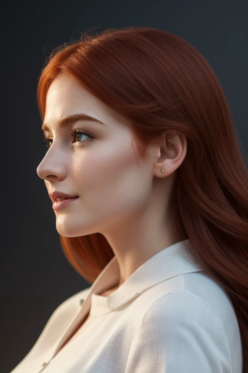 (best quality,4k,8k,highres,masterpiece:1.2),ultra-detailed,(realistic,photorealistic,photo-realistic:1.37),portrait,female subject,European woman,25 years old,profile position,joyful expression,white background,medium red hair