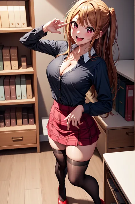 anime, beautiful face, highly detailed face, 2 accurate legs detailed eyes, highly detailed background, perfect lighting, accurate arms, accurate hands, accurate fingers, full body, 1girl, solo, ruby hoshino, oshi no ko, indoors, detailed heels, black deta...