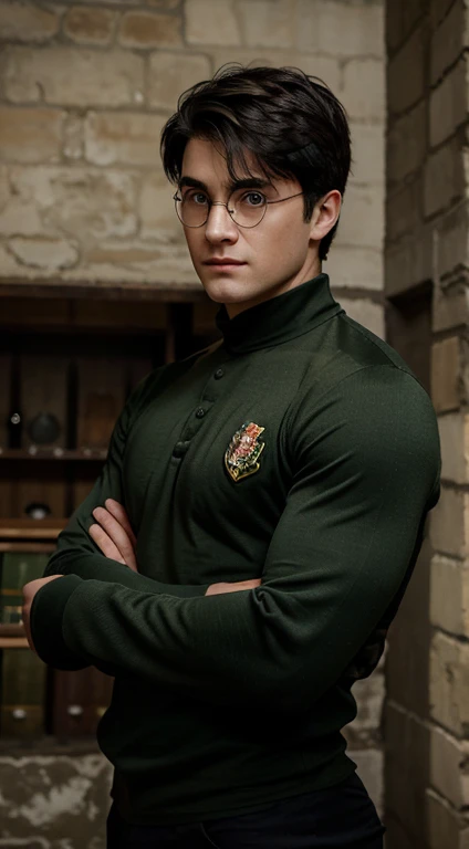 Harry Potter, 17 years old, military haircut, black hair, intense green eyes fixed, intense gaze, affiliated features, no facial hair, height 1.93, weight 90 kg, muscular and corpulent build, broad shoulders, V-shaped body, sleeves tattoos, full body focus...