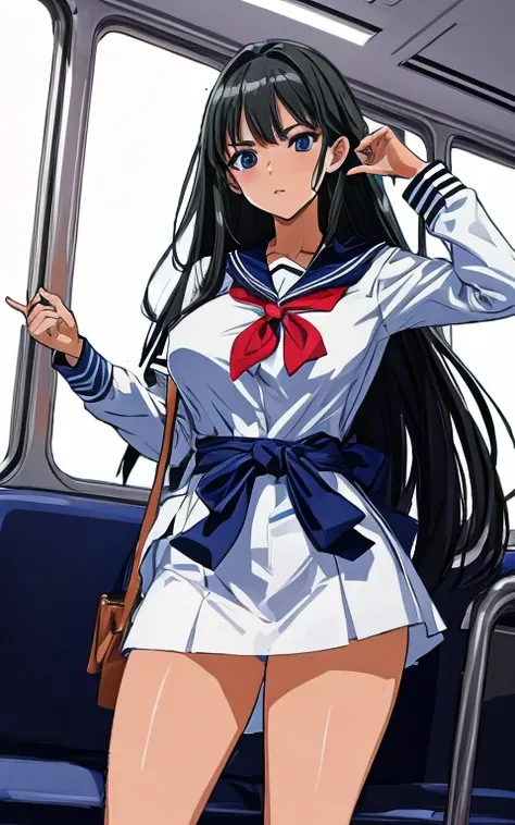 A beautiful woman with long black hair, big breasts, beautiful legs, and a sharp face is standing in a sailor suit with a white miniskirt, showing light blue and blue striped panties, and glaring at a middle-aged office worker on the train.。