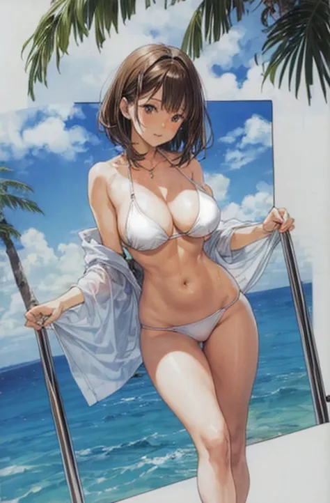 A beautiful woman with shoulder-length brown hair, big breasts, and beautiful legs is standing by the pool in a white bikini.。