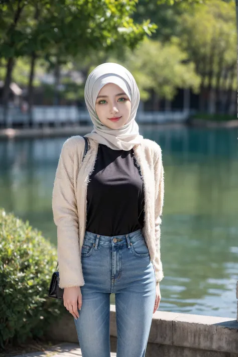 shy stance, smiling, very shy, (realistic photos of Hijab Korean female, slightly smile,expressive eyes,eye makeup,lake background,standing posture,confident attitude,Eye-Level Shot, slightly blurry background,UHD,masterpiece:1.2,highres,16k), long Jeans, ...