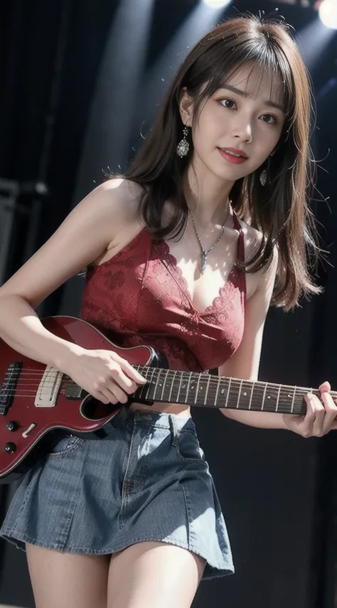 最高品質, master-piece, ultra-high resolution, (photorealistic portrait: 1.4), RAW photo, (full-body-shot), charming smiling girl, ((Playing electric guitar on live stage)), (Dynamic Poses), long-haired, long-hairedมาก, large boobs, Beautiful breasts, plump br...