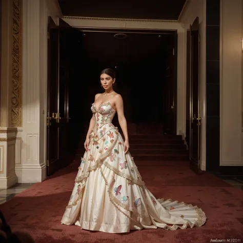 Full body wide shot of a Caucasian woman who looks identical to Kim Kardashian, wearing a sleeveless butterfly themed dress, (Alexander McQueen, spring 2011 by Sarah Burton) to the 2024 MET Gala (themed sleeping beauties fashion reawakening) she stands pos...