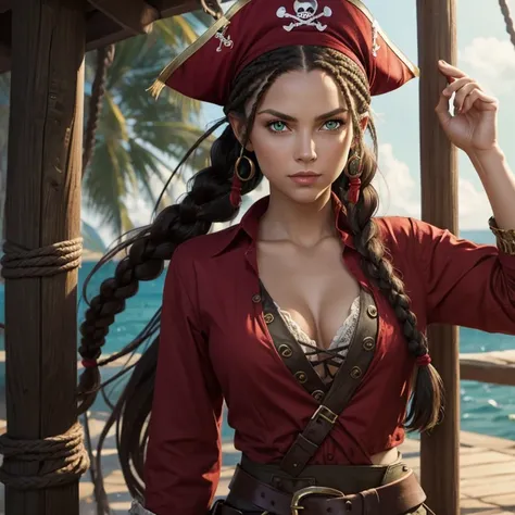 Female pirate with braids, green eyes, red shirt without hat