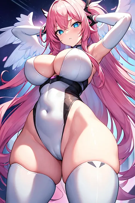 1girl, large breasts, breasts, thick thighs, wide hips, pink hair, long hair, blue eyes, white bodysuit, bodysuit, futuristic, science-fiction, tech, machinery, angel wings, pantyhose, thigh strap, cutout, hip vent, cleavage, serious, glowing eyes